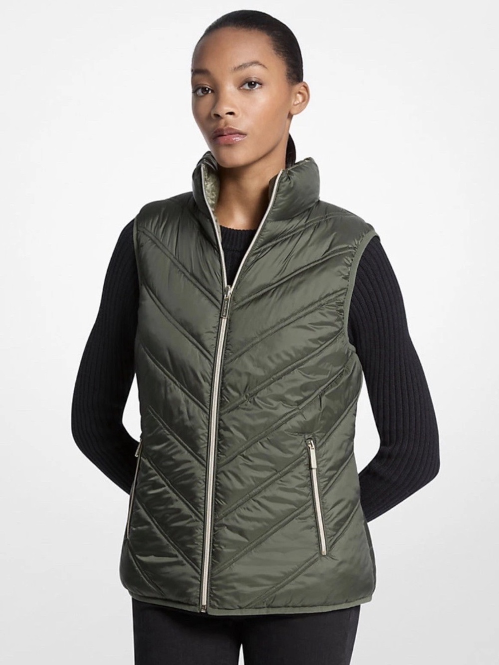 NWT Michael Kors Chevron Ivy Green Puffy Quilted Vest - Sz S - MSRP $125 - Picture 2 of 3